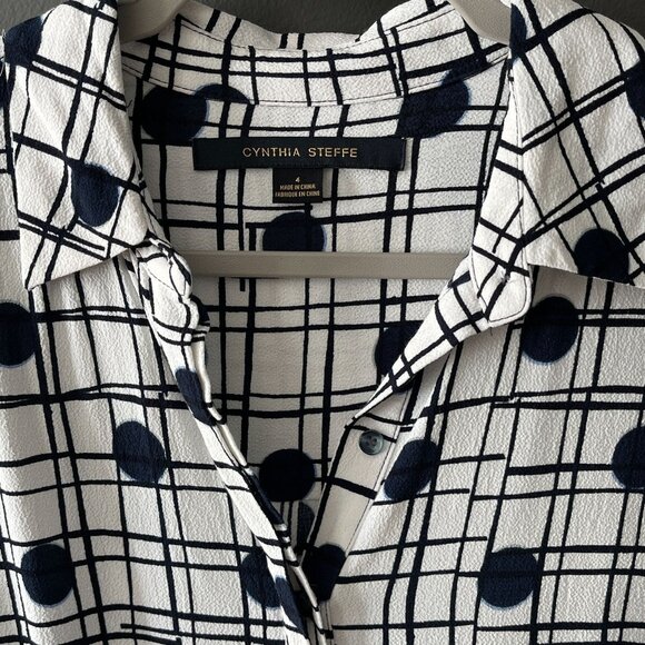 Cynthia Steffe Graphic Blue Dot Belted Mini Long Sleeve Shirt Shift Dress Size 4 - Picture 3 of 6